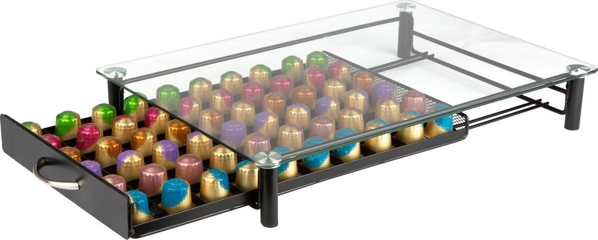 KitchenBrothers Porte-capsules - avec tiroir - Nespresso - 60 tasses - Verre - inox/noir
