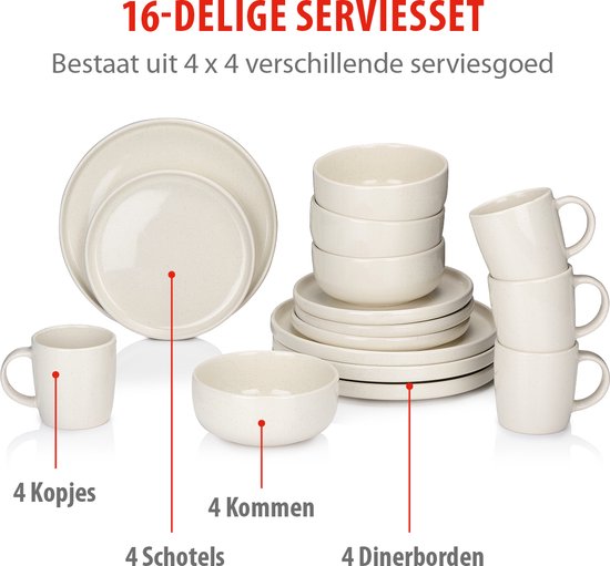 alpina Service de table 16 pièces - Ensemble d'assiettes 4 personnes - Vaisselle en faïence - Assiettes à déjeuner, assiettes à dîner, bols et tasses - Résiste au micro-ondes et au lave-vaisselle - Crème