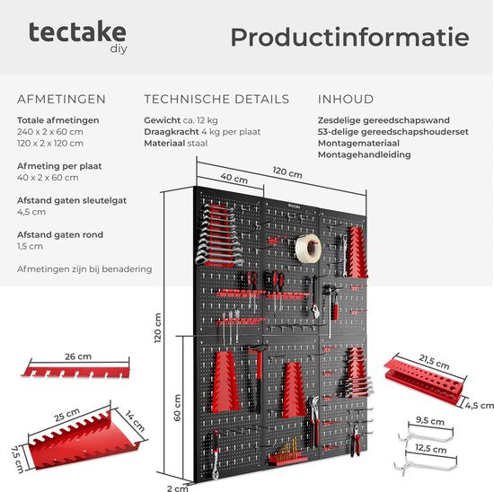 tectake® 6-Piece Metal Tool Wall - 240 x 60 cm - Perforated Plate - Tool Holder Set including Hooks - Wall Rack System for Workbench, Garage, Tools - Workshop Equipment - Tool Board - Pegboard