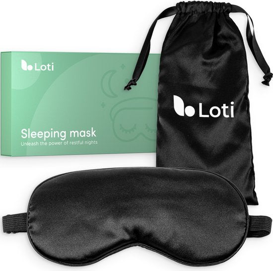 Loti Premium Silk Sleep Mask + Storage Pouch - 100% Darkening Eye Mask - Adjustable - Blindfold - Silky Soft - Anti-wrinkle - Eye Mask - Sleep Mask - Black