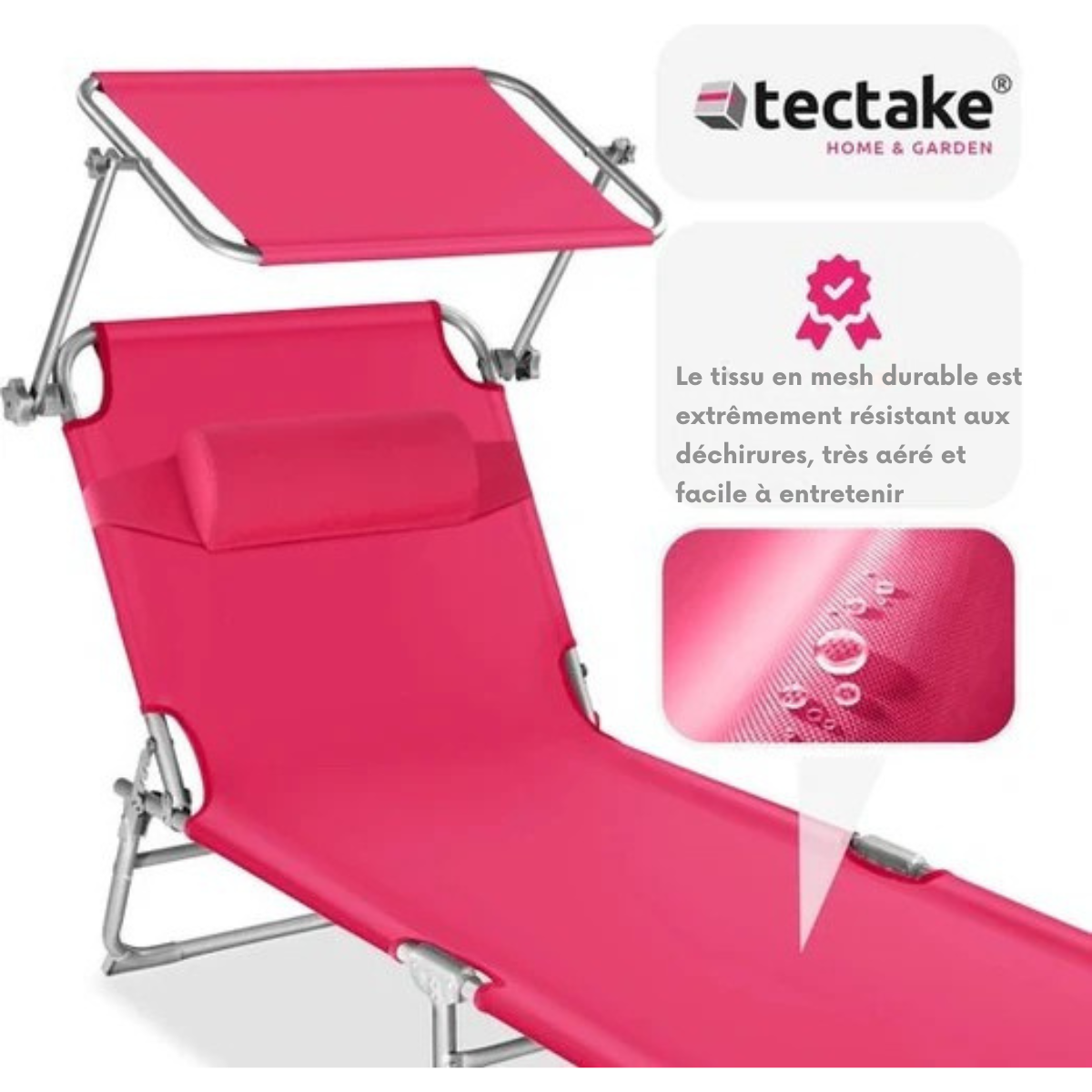 Chaise longue - Tectake® -  Réglable -  structure en acier avec parasol - dossier à 4 positions avec coussin - chaise de plage, jardin, piscine, camping - Rose - 68 x 190 x 28 cm