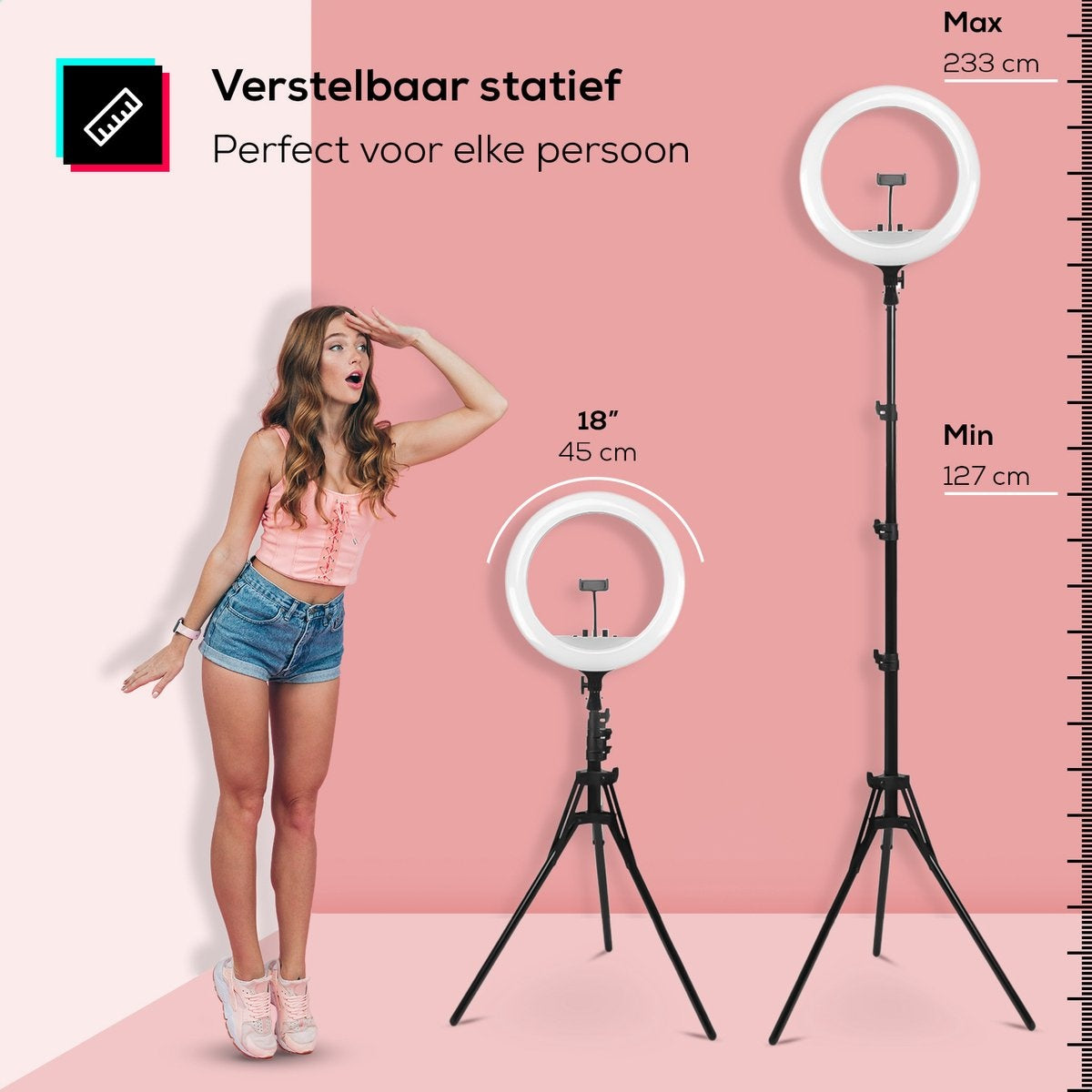 LURK® Ring lamp set PRO 18 inch - Trépied réglable et télécommande - LED - Convient pour smartphone et caméra (d'action)