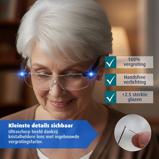 Lunettes loupes - Lunettes loupes avec éclairage LED - Lunettes loupes pour loisirs - Grossissement de 160 % - Verres résistants aux rayures - Étui de rangement et chiffon de nettoyage inclus