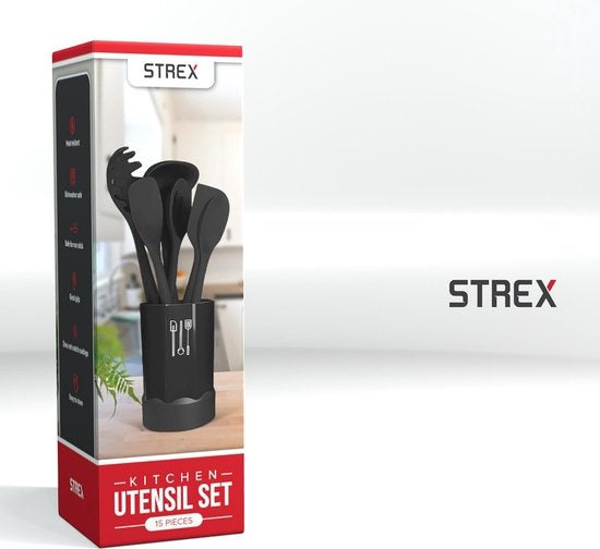 Strex Kitchen Utensils Set with Holder 15 Piece - Heat Resistant / BPA Free / Silicone - Ustensiles de cuisine