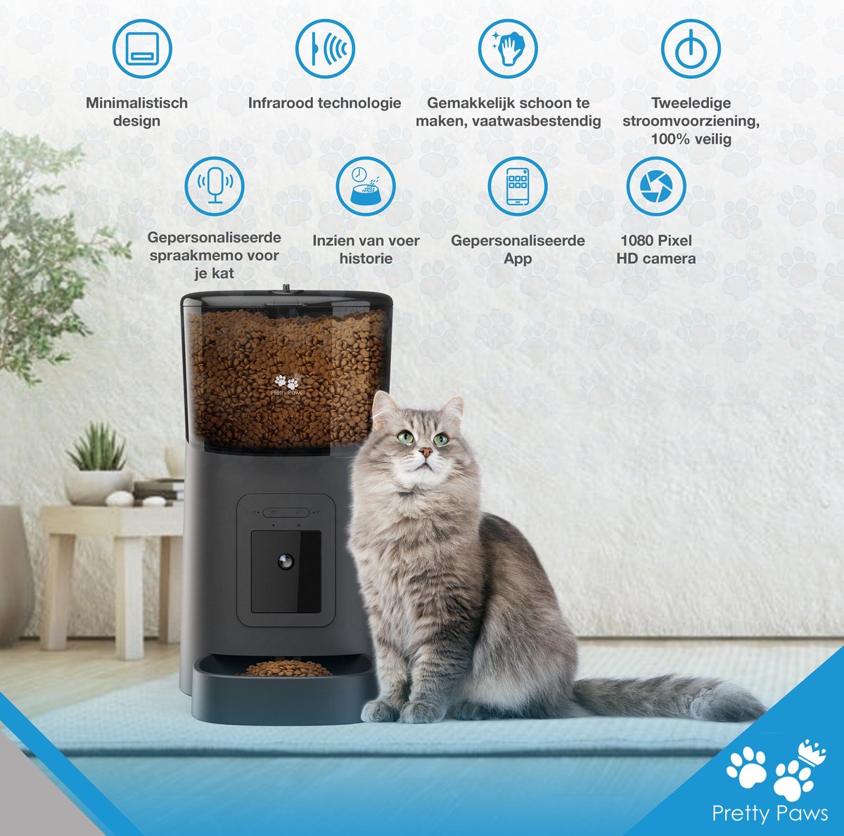 Distributeur automatique de nourriture Pretty Paws Camera - Mangeoire automatique intelligente avec application - Capacité de 6 L - 35,8 x 19,5 x 36,2 cm - Noir