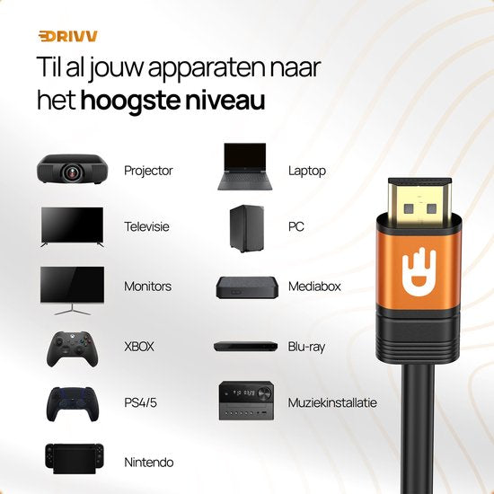 Câble HDMI Drivv. Premium 2.1 - Ultra HD - 8K 60 Hz - 4K 120 Hz - Compatible avec les consoles de jeux - 10 mètres - Orange