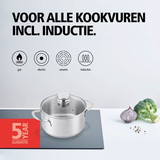 BRABANTIA ENJOYMENT Casserole - Ø 24 cm - Acier inoxydable - Couvercle en verre - Sans PFAS - Compatible avec l'induction