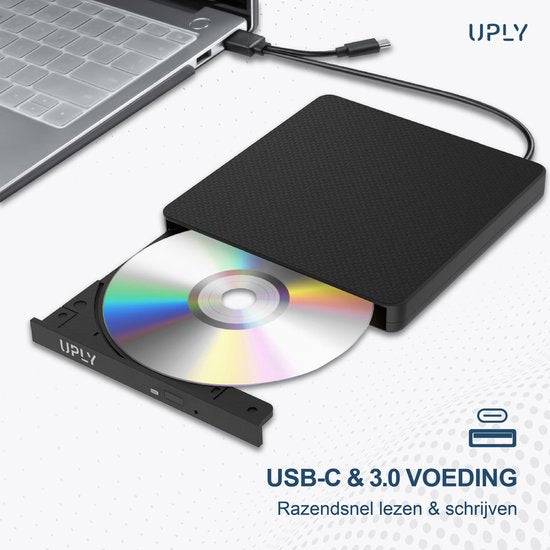 Lecteur DVD externe - UPLY - Windows et Mac - USB C et USB 3.0 - Pour ordinateur portable - Lecteur et graveur DVD externe - CD