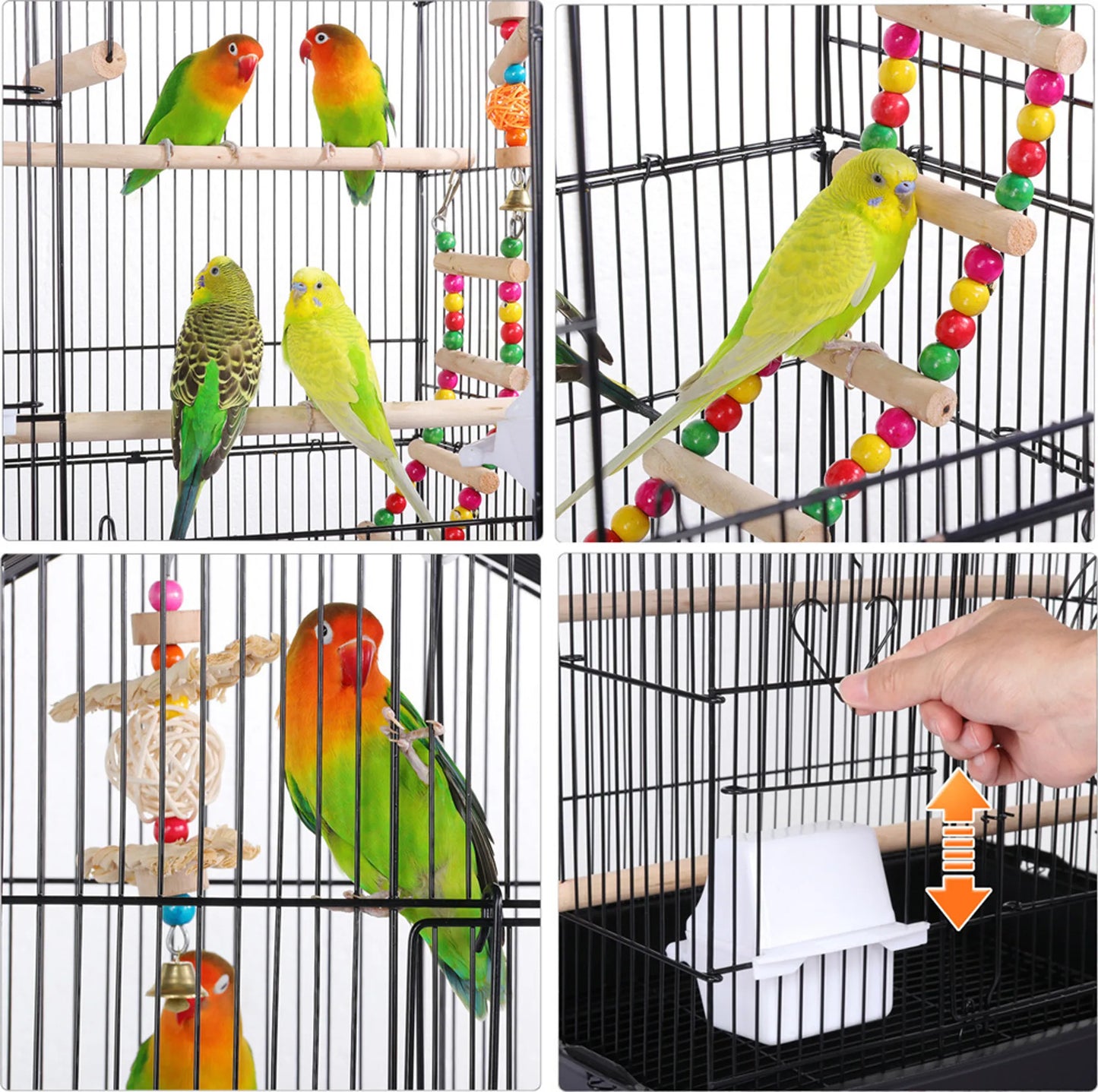 Yaheetech Cage à oiseaux avec aire de jeu - 46 x 35,5 x 99 cm - avec plaque de fond amovible et fermetures en fil de fer et ensemble complet d'accessoires - pour perruches et canaris - métal noir et bois