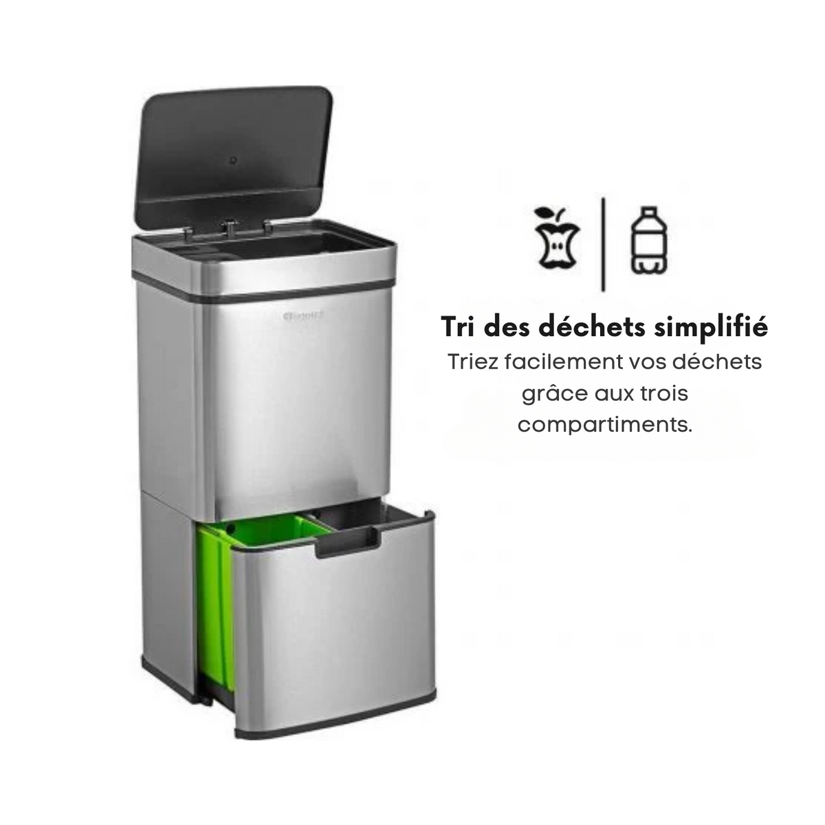 Poubelle de tri - Homra - 3 Compartiments (2x12L + 48L) - Poubelle à Capteur - Acier Inoxydable - Couvercle  Automatique - Argenté