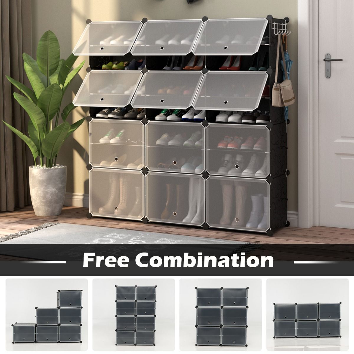 Armoire à chaussures Coast à 8 compartiments - étagère à chaussures réglable - pour 48 paires de chaussures - noire et translucide
