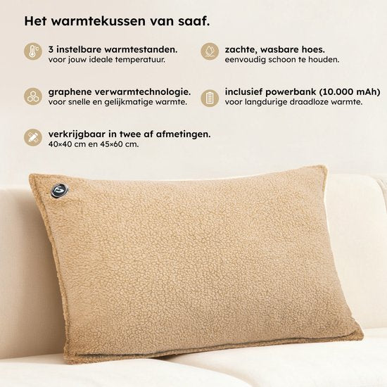 Coussin chauffant - 3 niveaux de chaleur - Coussin chauffant rechargeable - 10k mAh Powerbank - Sans fil - Coussin chauffant - 45x60 - Teddy Beige - Saaf Comfort