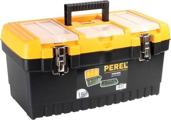 Perel Mallette à outils, polypropylène, avec plateau amovible, 3 organiseurs dans le couvercle, poignée rabattable et fermetures métalliques, noir/jaune, 486 x 267 x 242 mm