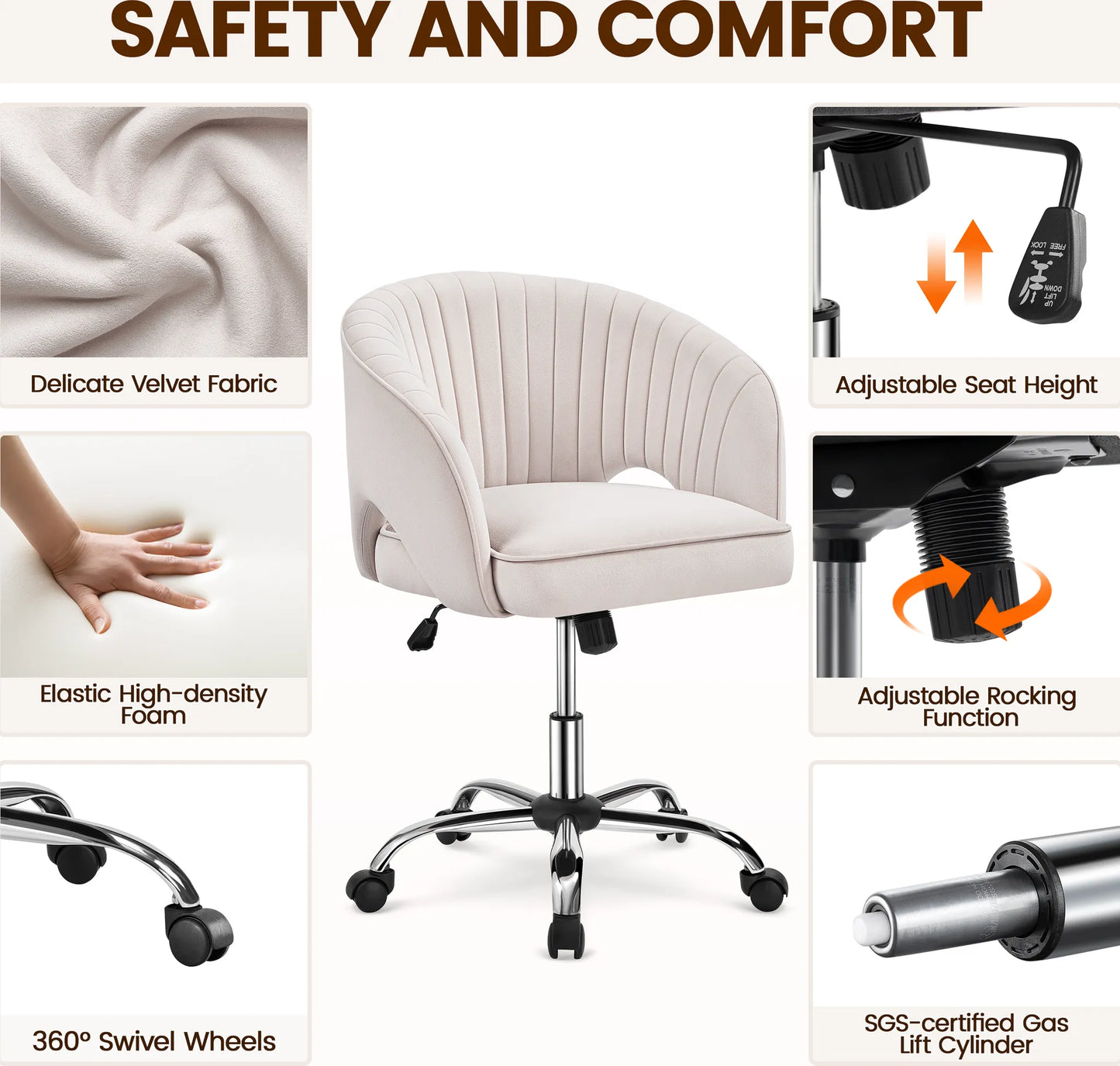 Yaheetech Chaise de bureau à bascule - Hauteur réglable par vérin à gaz, roues pivotantes à 360° et motif vertical - Pour bureau et salle de réception - Velours blanc crème et métal - 60 x 56.5 x 73-83 cm