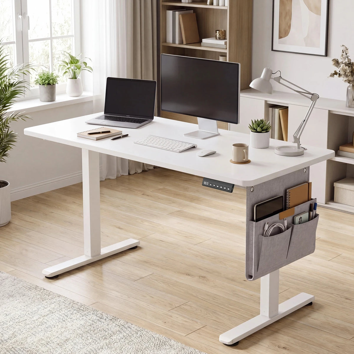 JOYFURNOS Bureau électrique assis-debout blanc 140,1 x 60,1 cm, réglable en hauteur