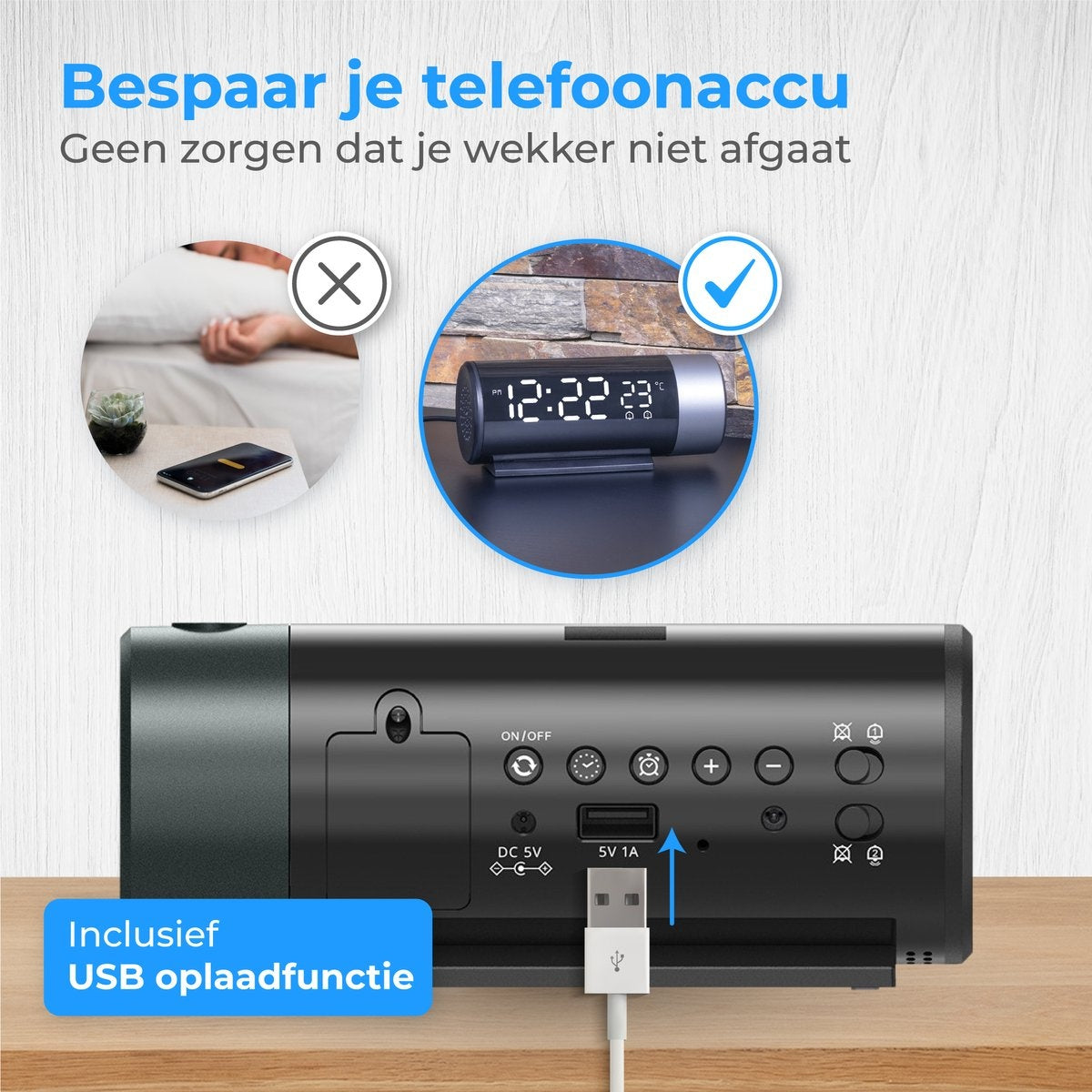 Nuvance - Réveil numérique avec projection - Réveil numérique - avec fonction Snooze et double alarme - pour la chambre à coucher - comprend un port de charge USB