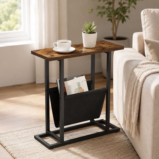 Table d'appoint Ceruzo avec porte-revues – Étroite – Noir et marron - H 55 cm