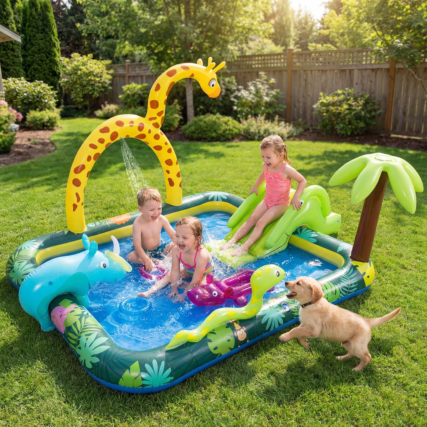 Piscine gonflable Coast « Animaux de la jungle » avec toboggan et arroseur - Jeu de lancer d'anneaux et centre de jeux aquatiques pour enfants - 208 x 178 x 138 cm - Multicolore