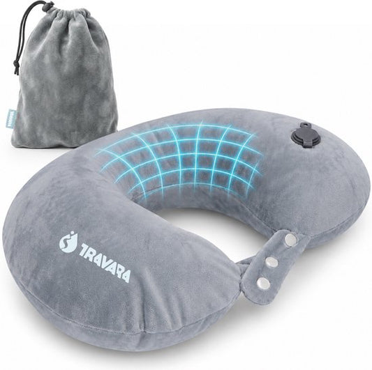 TRAVARA Oreiller cervical « The Puffer » - Oreiller de voyage gonflable - Pour l'avion - Oreiller de voiture - Travel Pillow - Gris