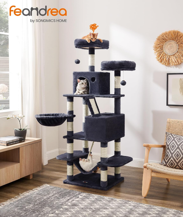 Songmics Arbre à chat 168 cm - Tour pour chat avec 13 poteaux à griffer - Gris fumé