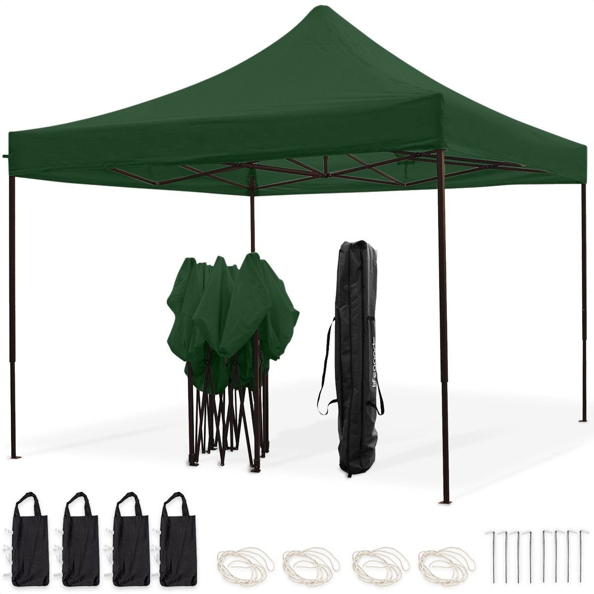 Chapiteau de jardin LifeGoods - 3x3 m - Pliable - Etanche - Sac de transport à roulettes - Vert foncé