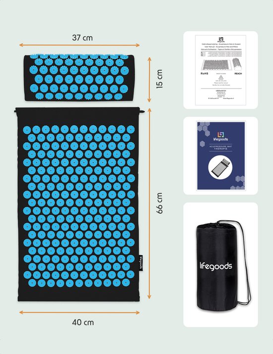 Tapis d'acupression avec coussin - LifeGoods - Tapis Shakti - Tapis avec 2 balles pour les points de déclenchement - 66x40x2cm - Noir/Turquoise