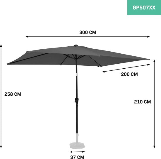 VONROC Premium Parasol Stick Rapallo 200x300cm - Housse de protection incluse - Parasol rectangulaire - Inclinable - Toile résistante aux UV - Gris