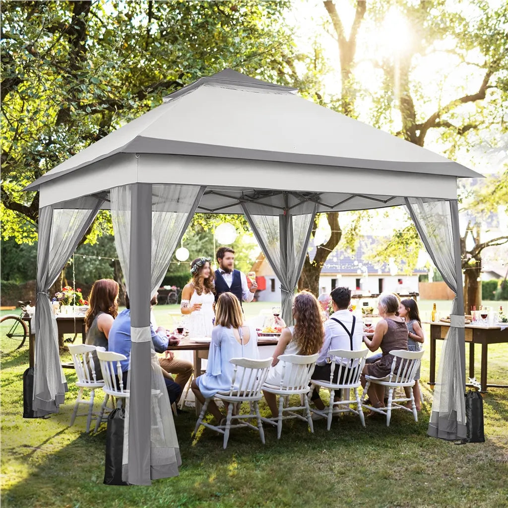 Tente de fête pliable Yaheetech 330 x 330 cm - Gris clair/Gris foncé - Pavillon de jardin pliable avec double toit et 4 parois latérales en filet