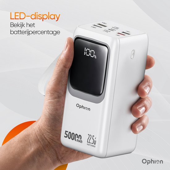 Ophion® Powerbank PRO 50 000 mAh – 7 ports de recharge – Recharge rapide – Chargeur rapide 22,5 W pour USB-C, USB-A, Micro-USB – Câble inclus – Kit d'urgence – Blanc