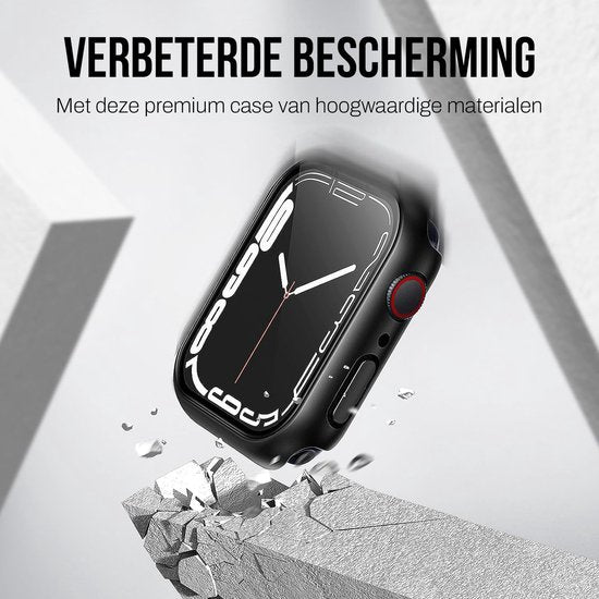 Coque adaptée à l'Apple Watch Series 7 / 8 / 9 - Protection d'écran 45 mm - 2 pièces - Coque rigide complète - Noir - Podec