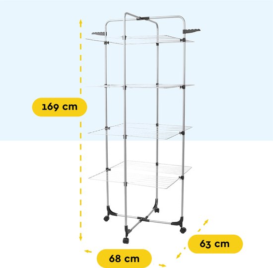 BRASQ Tour de séchage 4 couches - Longueur de séchage 40 mètres - Étagère de séchage avec roulettes et supports - Étagère à linge - Tour de séchage 68x68x169 cm - Blanc