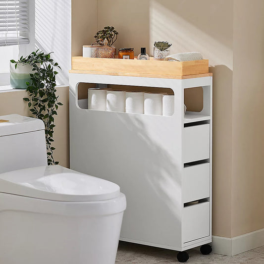 SoBuy - BZR54-II-W Slim Freestanding Bathroom Cabinet - 65 x 23 x 82 cm - équipé de 3 tiroirs et de 4 roulettes et d'une cloison mobile - pour la salle de bains et les toilettes - MDF blanc et bois d'hévéa