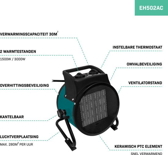 VONROC Chauffage électrique - chauffage radiant - 3000W - 3 réglages - élément en céramique - pour les pièces jusqu'à 30 m2