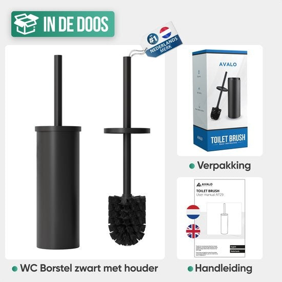 Avalo Toilet Brush With Holder - Freestanding - Stainless Steel Black - Toilet Brush With Holder