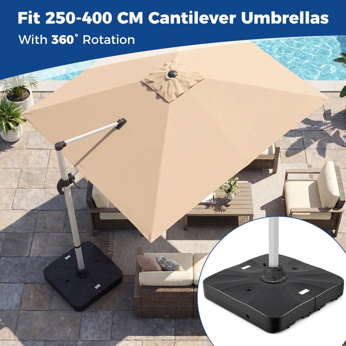 Pied de parasol Coast sur roulettes - pivotant à 360° - pouvant être rempli d'eau ou de sable - noir - 105 x 105 x 18 cm