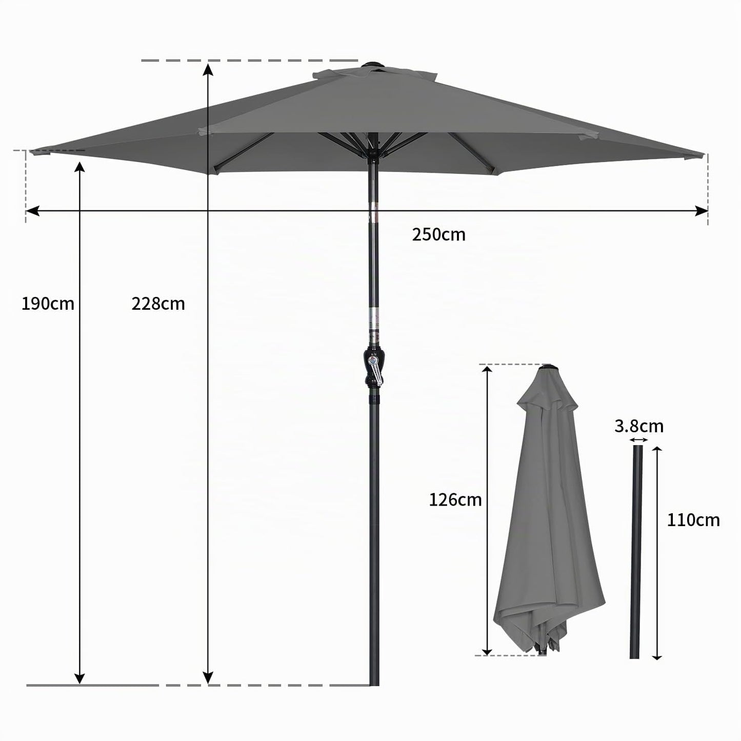Parasol Angel Living 250 cm - parasol de jardin rond avec manivelle et fonction d'inclinaison - gris - polyester UV 50+