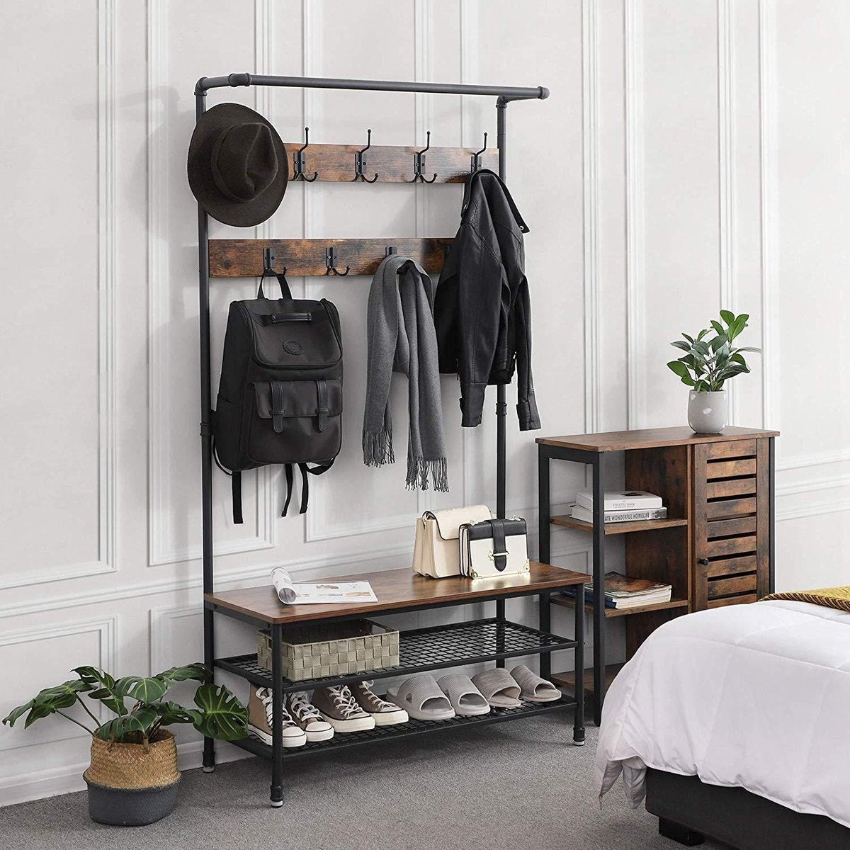 O'DADDY® kapstok staand - kapstok met schoenenrek - 23 haken 2 laags schoenenrek 10 paar - garderoberek - 100 x 41,5 x 182 cm - bruin