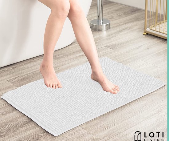 Loti Living Tapis de bain antidérapant - Tapis de douche - Tapis de bain - Tapis de sol - Tapis de bain Chenille - Blanc - 50x80 cm