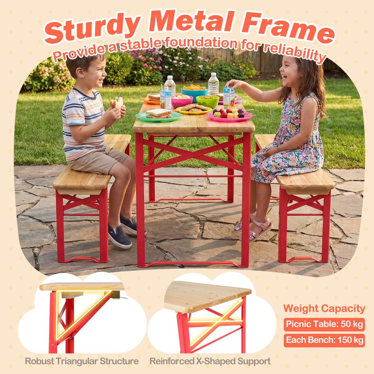 Ensemble de pique-nique pour enfants Coast - table de pique-nique pliable avec 2 bancs - bois de sapin et métal - rouge