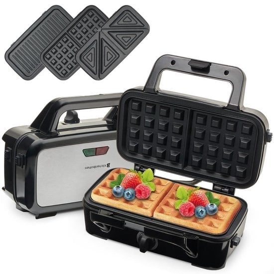 Appareil multifonction 3-en-1 KitchenBrothers - Gaufrier/Grill/Croque monsieur - Plaques interchangeables - acier inoxydable