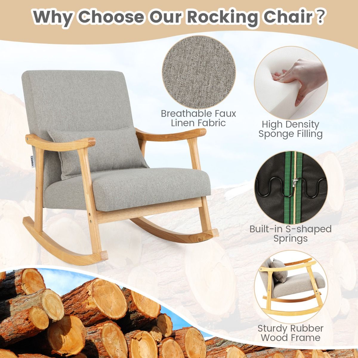 Fauteuil à bascule Coast - dossier haut - assise rembourrée - gris