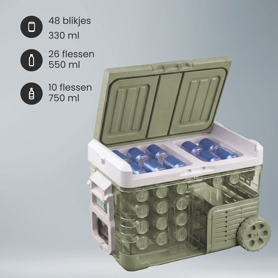 Auronic Electric Cool Box - Compresseur - 2 Zones - 33L - 12/24V et 240V - Réfrigération et congélation - Réfrigérateur de camping - Frigobox Auto - Avec roues et poignée - Vert