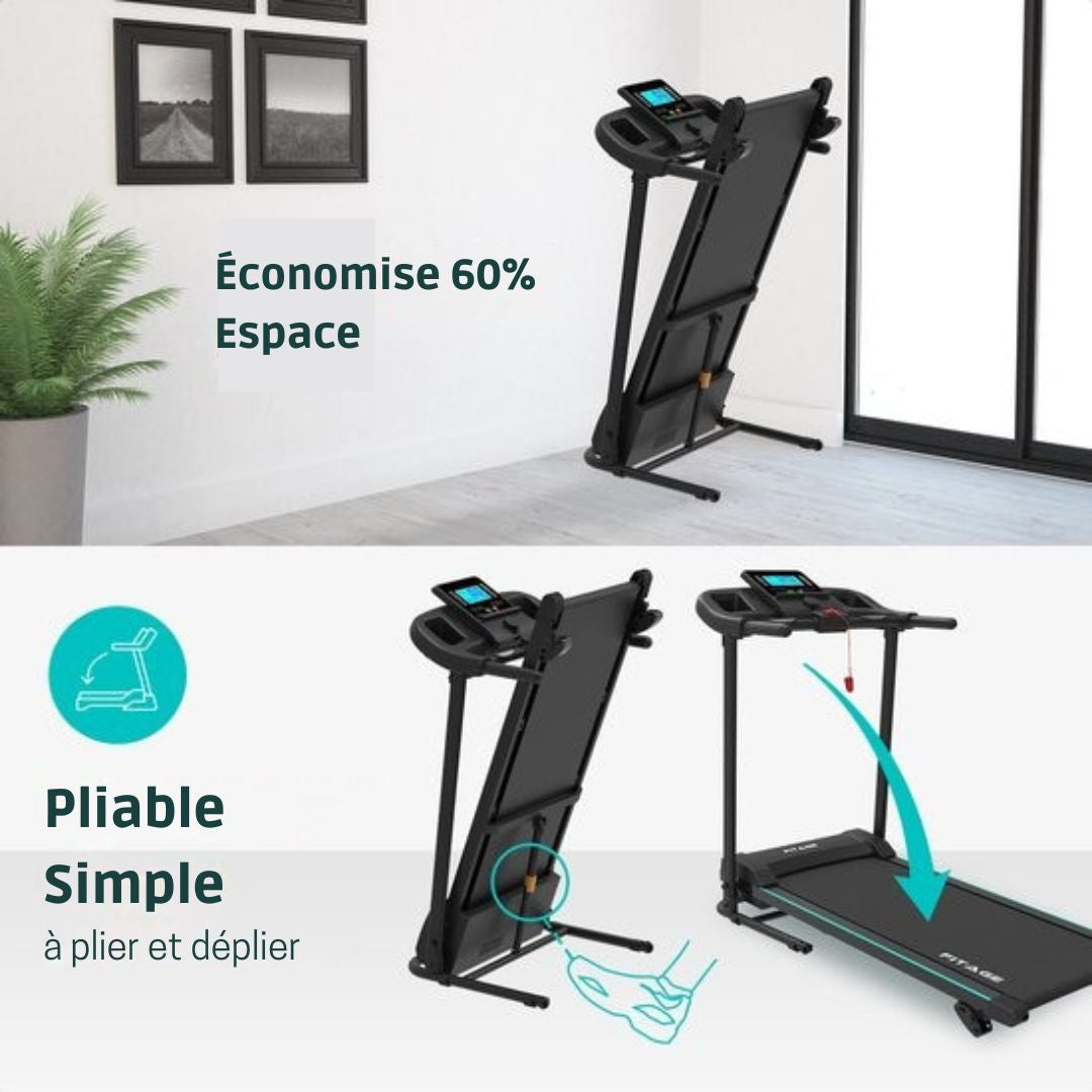 Tapis de course pour la maison Fitage - Fonction d'inclinaison - Bluetooth - 1-12 km/h - Pliable - 100 x 64 x 25 cm - Noir
