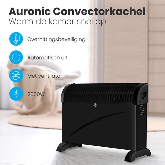 Auronic Convecteur électrique - 750/1250/2000 Watts - Avec ventilateur - Chauffage - Ventilateur - Noir