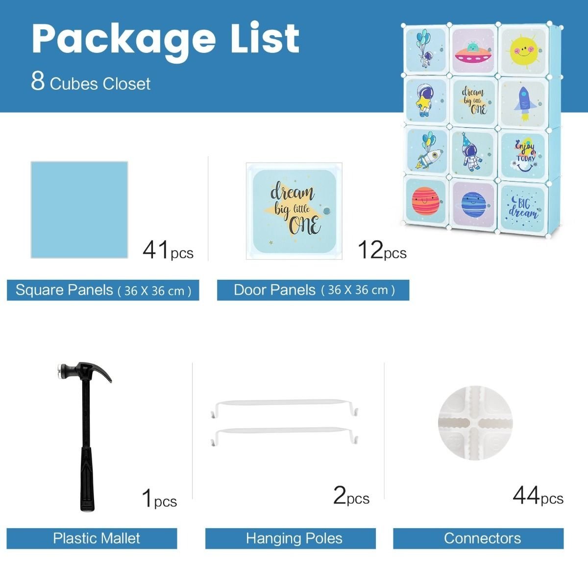 Penderie pour enfants Penderie pour bébés avec 2 sections suspendues et 12 cubes Mignonne commode de dessin animé pour chambre d'enfant Salle de jeux