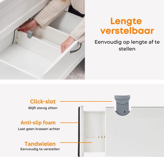Posity Séparateur de tiroirs - réglable et extensible - 4 pièces - Organisateur de tiroirs - 38-54 cm - Pour la cuisine, la chambre et les vêtements - Plastique - Blanc