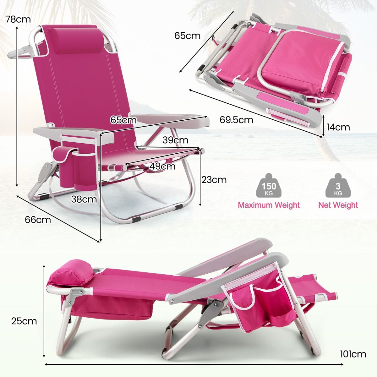 Coast Beach Chair Chaise longue pliable à dossier réglable en 5 positions avec porte-gobelet et compartiments de rangement Rose 66x65x78 cm - 2 pièces