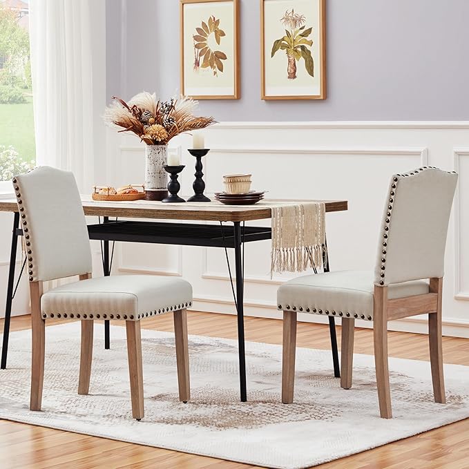 Yaheetech - Lot de 2 chaises de salle à manger rembourrées avec pieds en bois - Beige - Poids max. : 136 kg