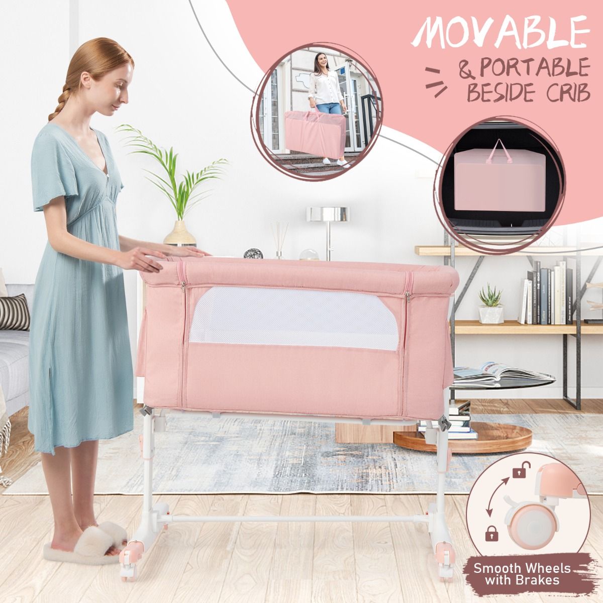 Berceau 3-en-1 Coast - 86x63x65-81 cm - Rose - Ajustable, inclinable et portable avec matelas, sac de rangement et sac de voyage