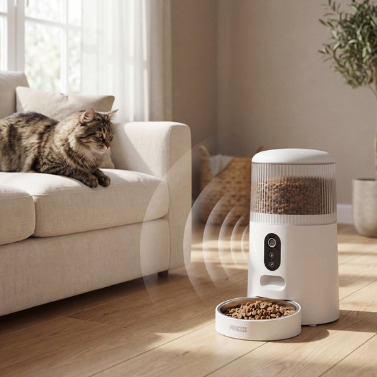 Mangeoire automatique Princess - Caméra HD et fonction intelligente - 4 litres – Chat et chien – Commande via application – Repas programmables – Bol en acier inoxydable – Batterie de secours – Distributeur automatique de nourriture – 610045